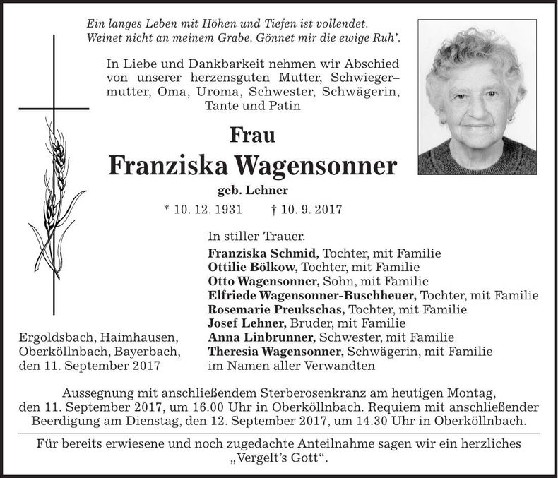Traueranzeige Franziska Wagensonner