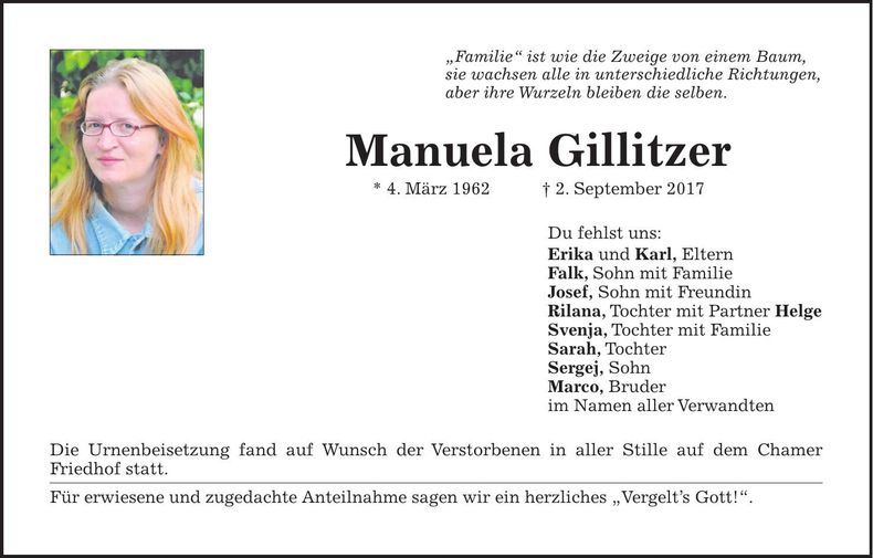 Traueranzeige Manuela Gillitzer