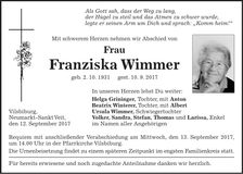 Traueranzeige Franziska Wimmer