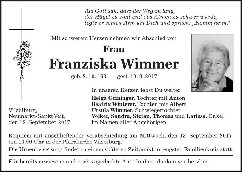 Traueranzeige Franziska Wimmer