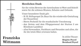 Traueranzeige Franziska Wittmann