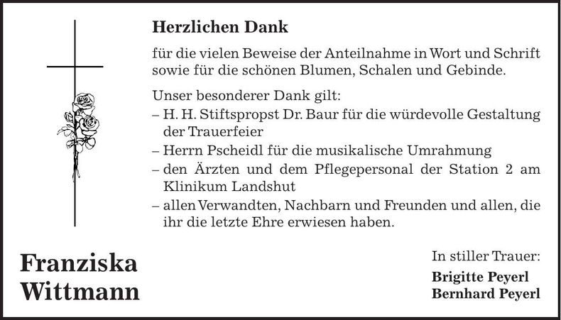 Traueranzeige Franziska Wittmann