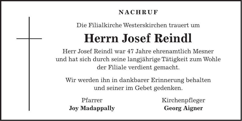 Traueranzeige Josef Reindl