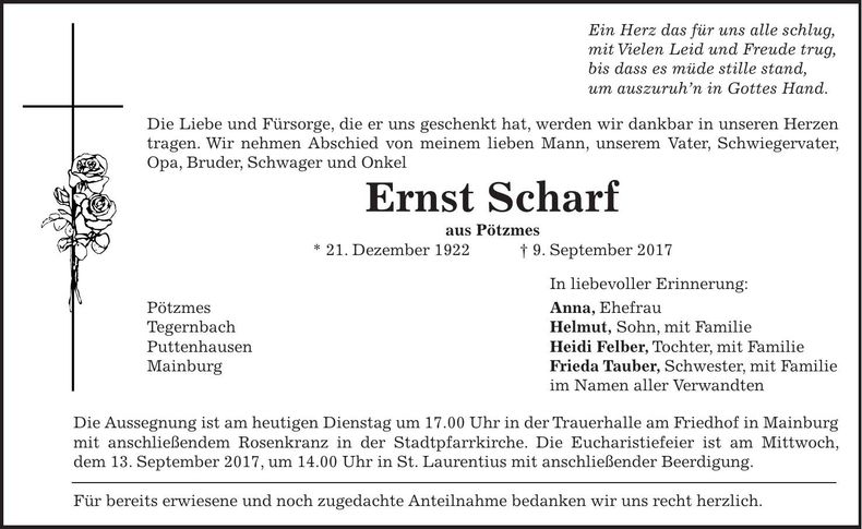 Traueranzeige Ernst Scharf