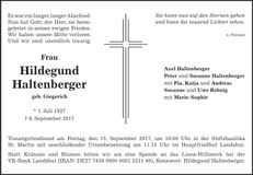 Traueranzeige Hildegund Haltenberger