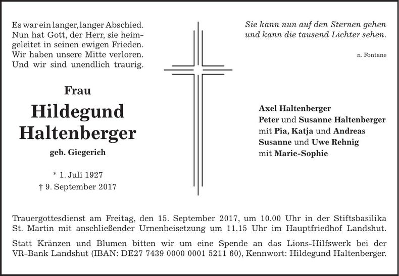 Traueranzeige Hildegund Haltenberger