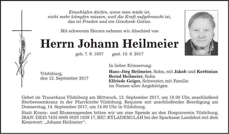 Traueranzeige Johann Heilmeier