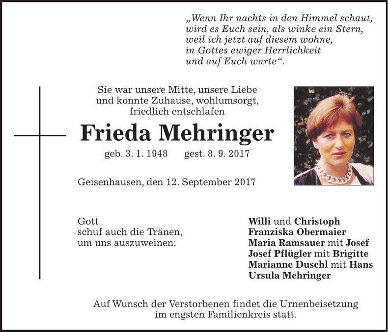Traueranzeige Frieda Mehringer