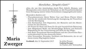 Traueranzeige Maria Zwerger