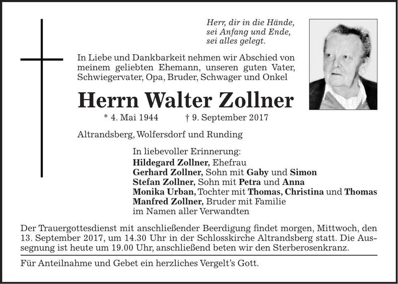 Traueranzeige Walter Zollner