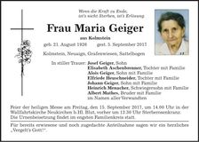 Traueranzeige Maria Geiger