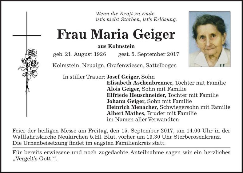 Traueranzeige Maria Geiger