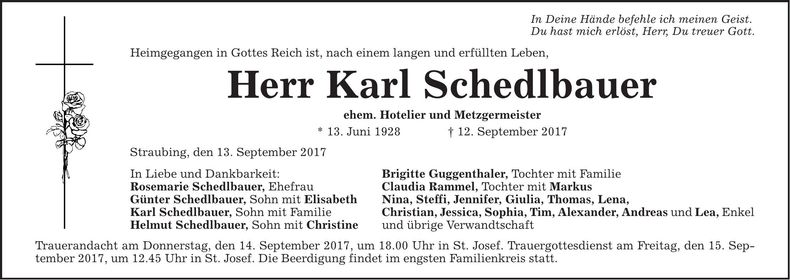 Traueranzeige Karl Schedlbauer