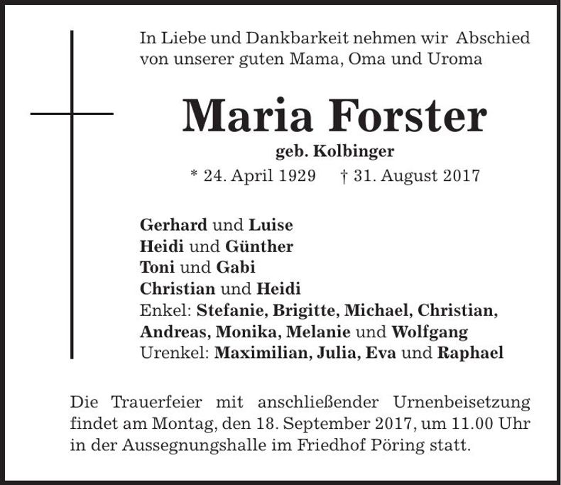 Traueranzeige Maria Forster