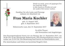 Traueranzeige Maria Kuchler