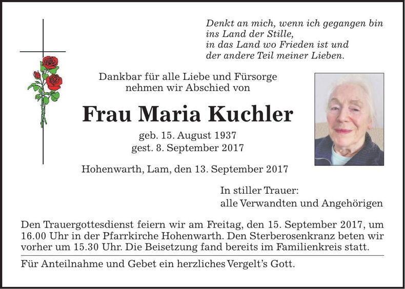 Traueranzeige Maria Kuchler