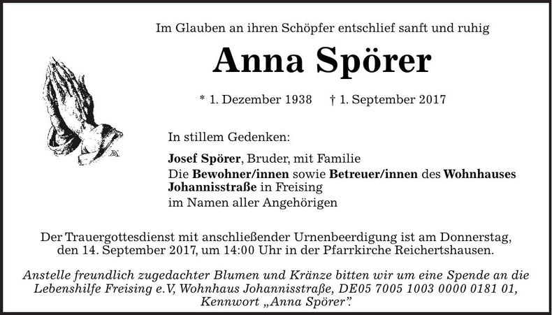 Traueranzeige Anna Spörer