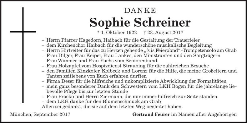 Traueranzeige Sophie Schreiner