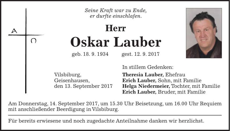 Traueranzeige Oskar Lauber