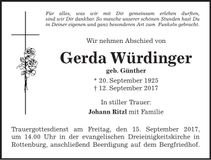 Traueranzeige Gerda Würdinger