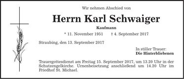 Traueranzeige Karl Schwaiger