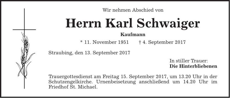 Traueranzeige Karl Schwaiger