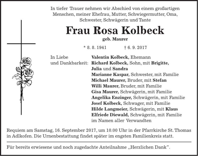 Traueranzeige Rosa Kolbeck