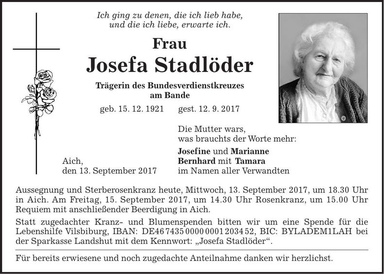 Traueranzeige Josefa Stadlöder