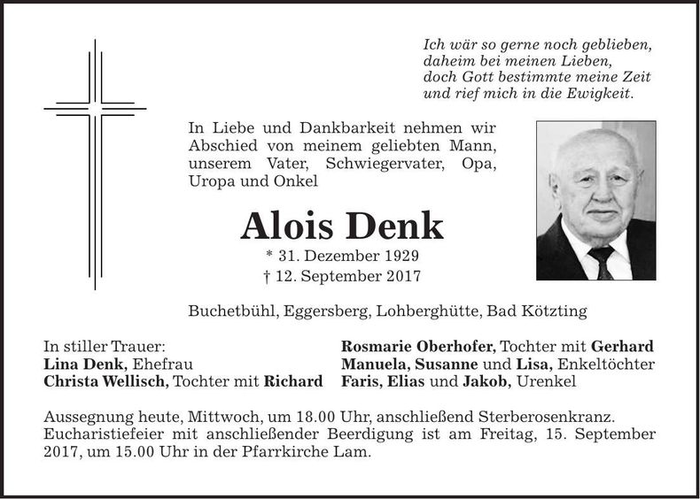 Traueranzeige Alois Denk
