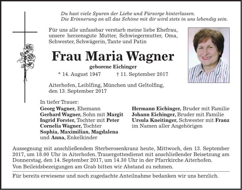 Traueranzeige Maria Wagner