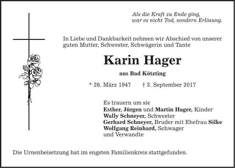 Traueranzeige Karin Hager