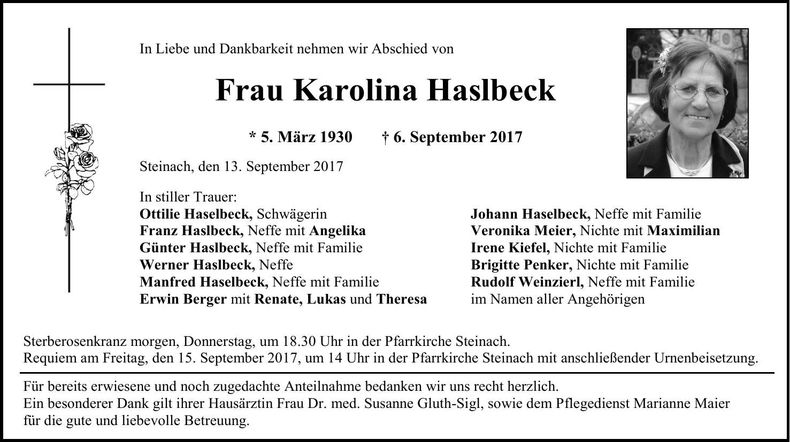 Traueranzeige Karolina Haslbeck