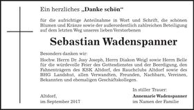 Traueranzeige Sebastian Wadenspanner