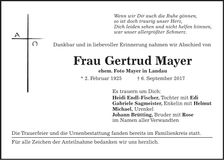 Traueranzeige Gertrud Mayer