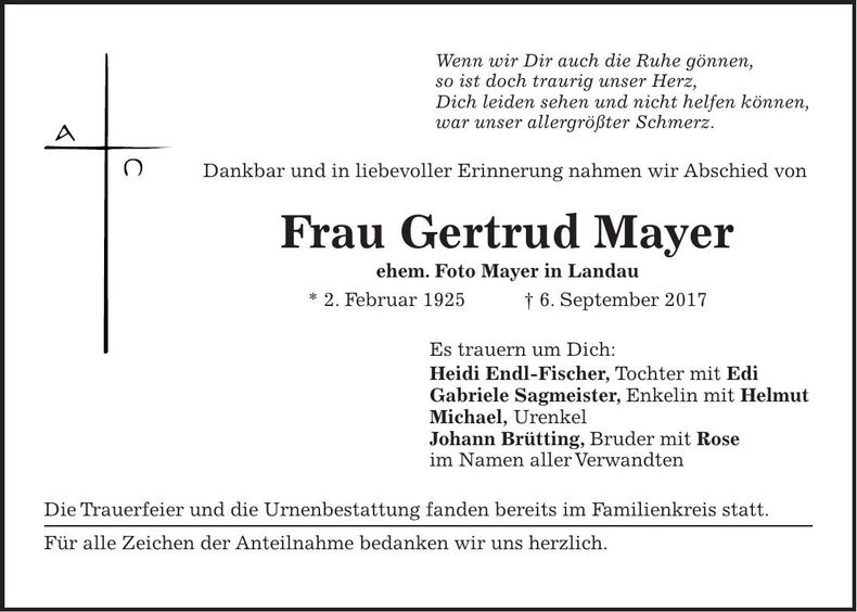 Traueranzeige Gertrud Mayer