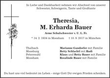 Traueranzeige M. Erharda Bauer Schwester Theresia