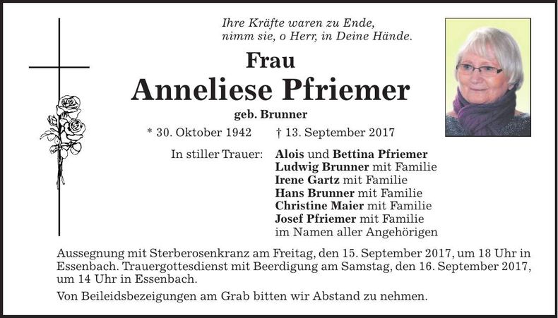 Traueranzeige Anneliese Pfriemer