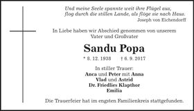 Traueranzeige Sandu Popa