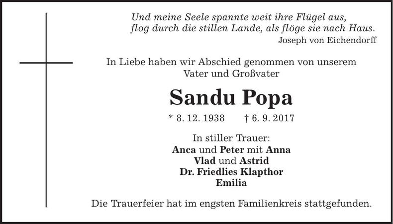Traueranzeige Sandu Popa