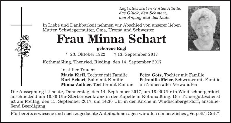 Traueranzeige Minna Schart