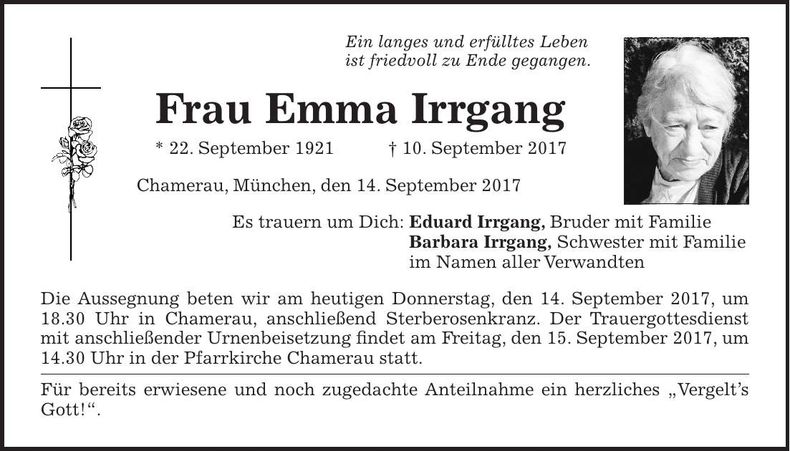 Traueranzeige Emma Irrgang