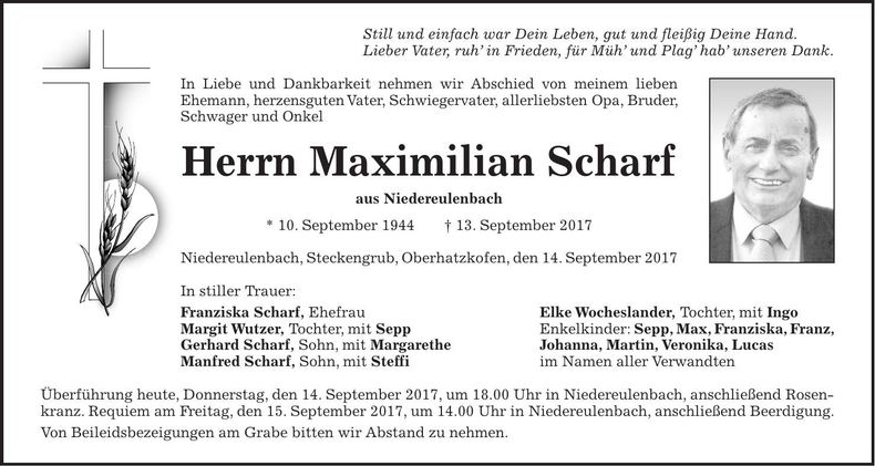 Traueranzeige Maximilian Scharf