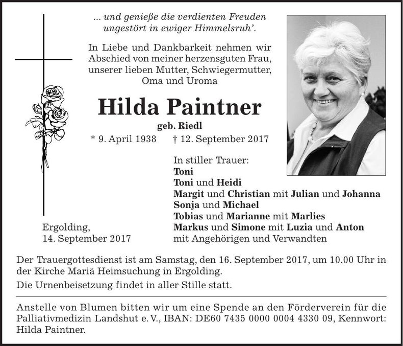 Traueranzeige Hilda Paintner