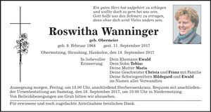 Traueranzeige Roswitha Wanninger
