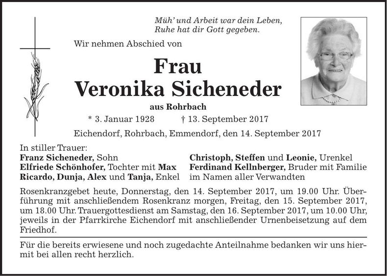 Traueranzeige Veronika Sicheneder