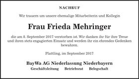 Traueranzeige Frieda Mehringer