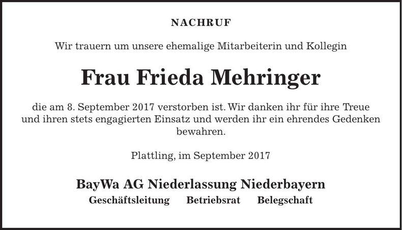 Traueranzeige Frieda Mehringer