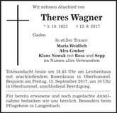 Traueranzeige Theres Wagner