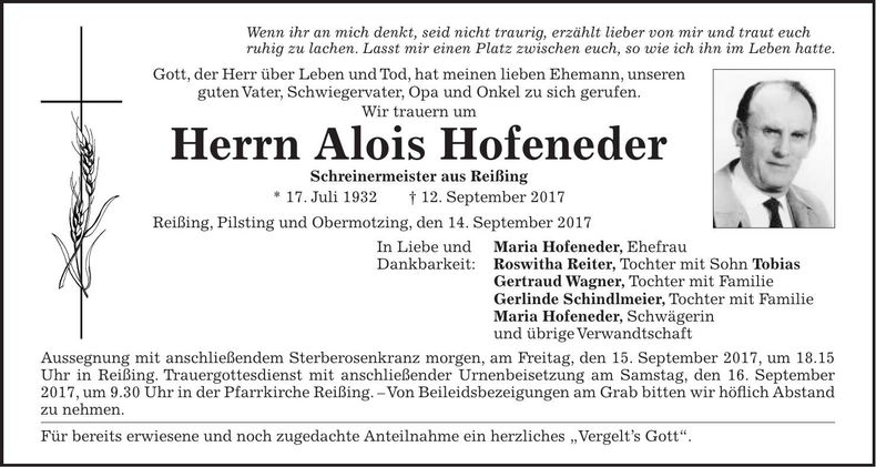 Traueranzeige Alois Hofeneder