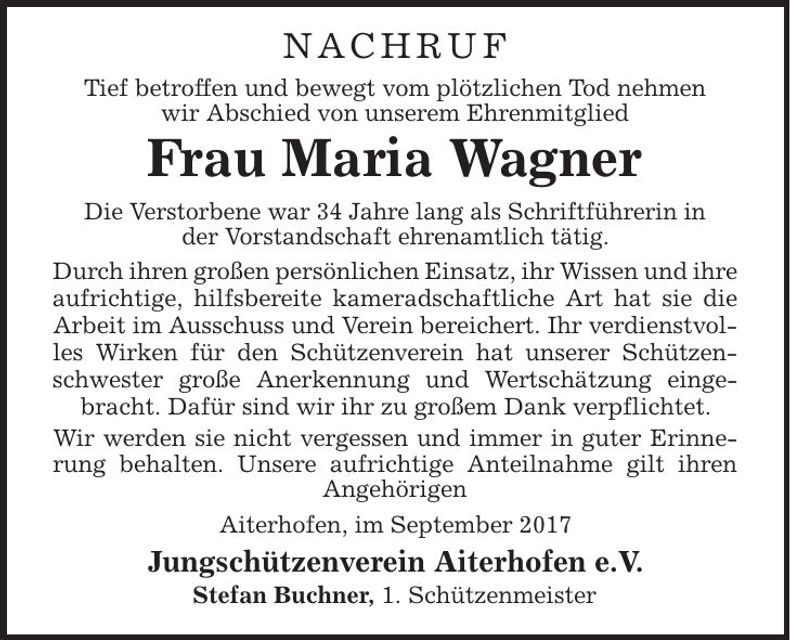 Traueranzeige Maria Wagner